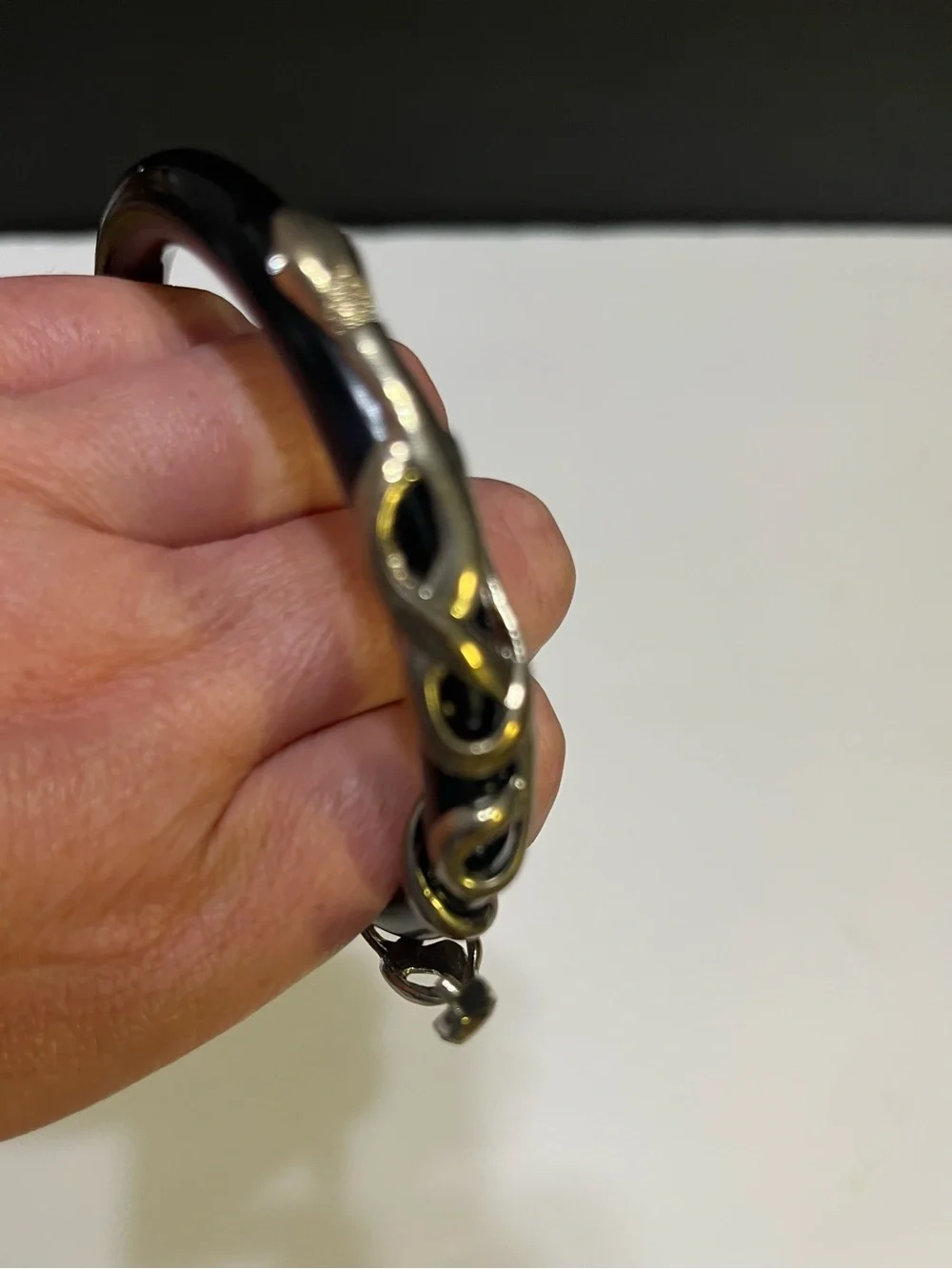 Black Bangle Bracelet with Silver Chain Accent